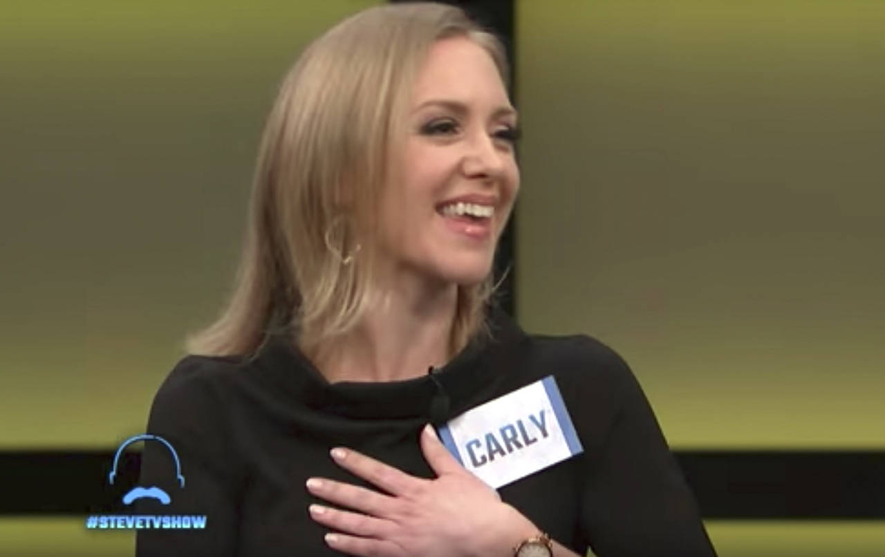 Carly Norwood reacts to being chosen by Shane McDaniel and his twin sons for a date with Shane during a segment on Steve Harvey’s TV talk show. (Steve Harvey)