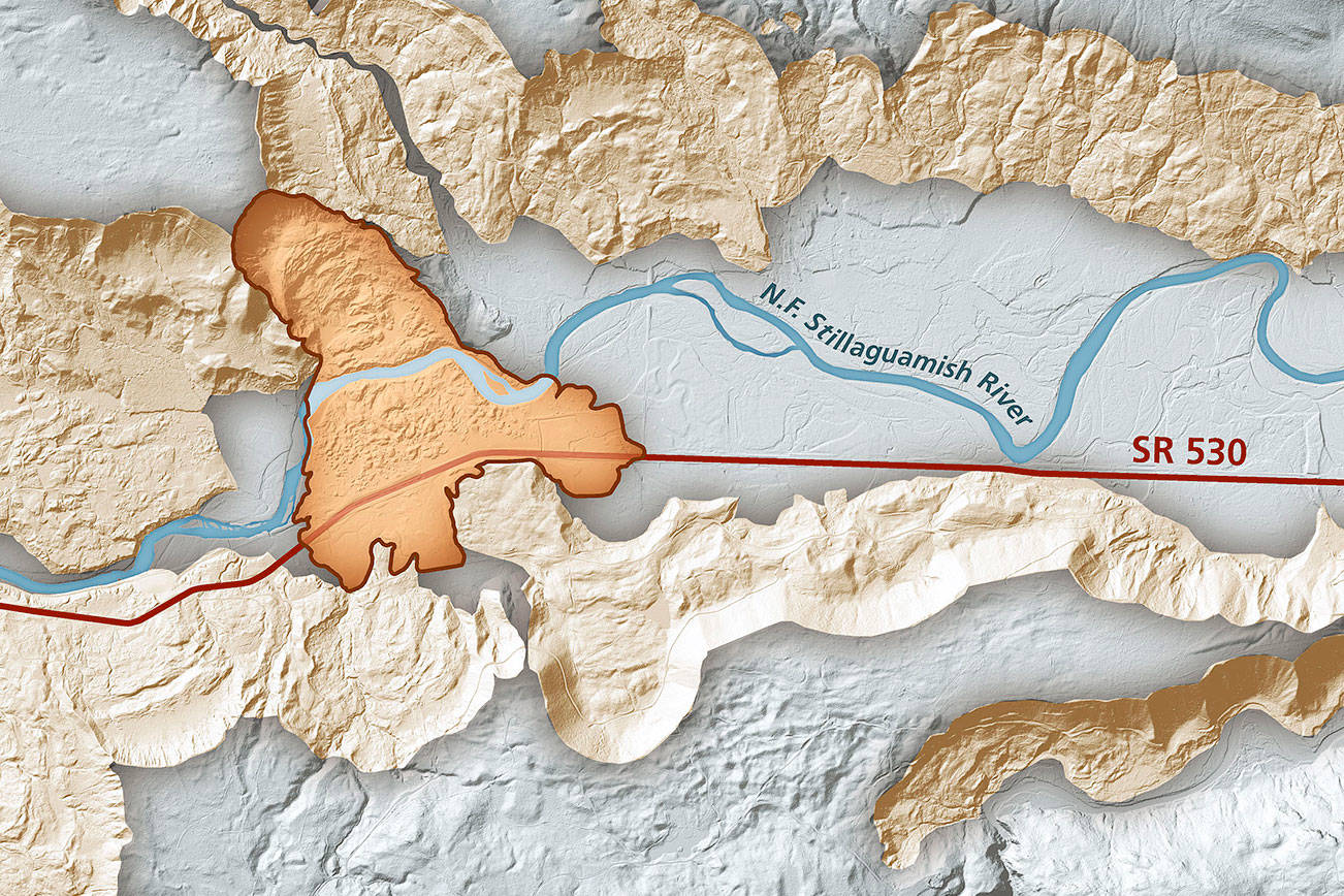 Lidar imagery enables geologists to accurately identify landslides, such as the area around the Highway 530 Oso landslide. In this area, lidar data show prehistoric landslides in beige along the North Fork Stillaguamish River. The darker-shaded outlined area is the extent of the March 2014 Oso landslide. (Daniel Coe / Washington State Department of Natural Resources)