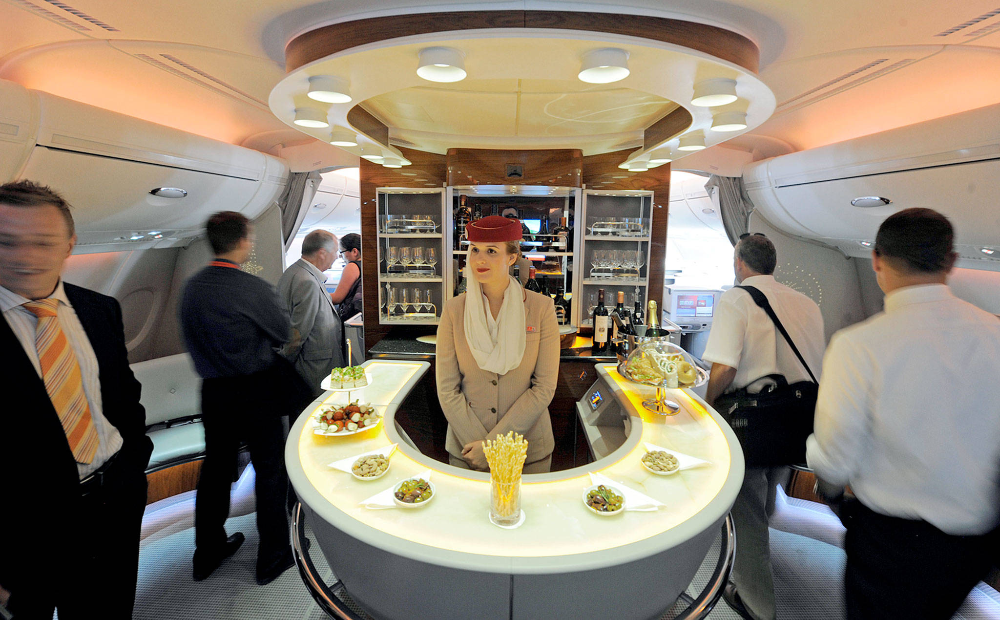 The bar in the first class section of an Airbus A380 passenger plane of Emirates Airline. (AP Photo/Jens Meyer, File)