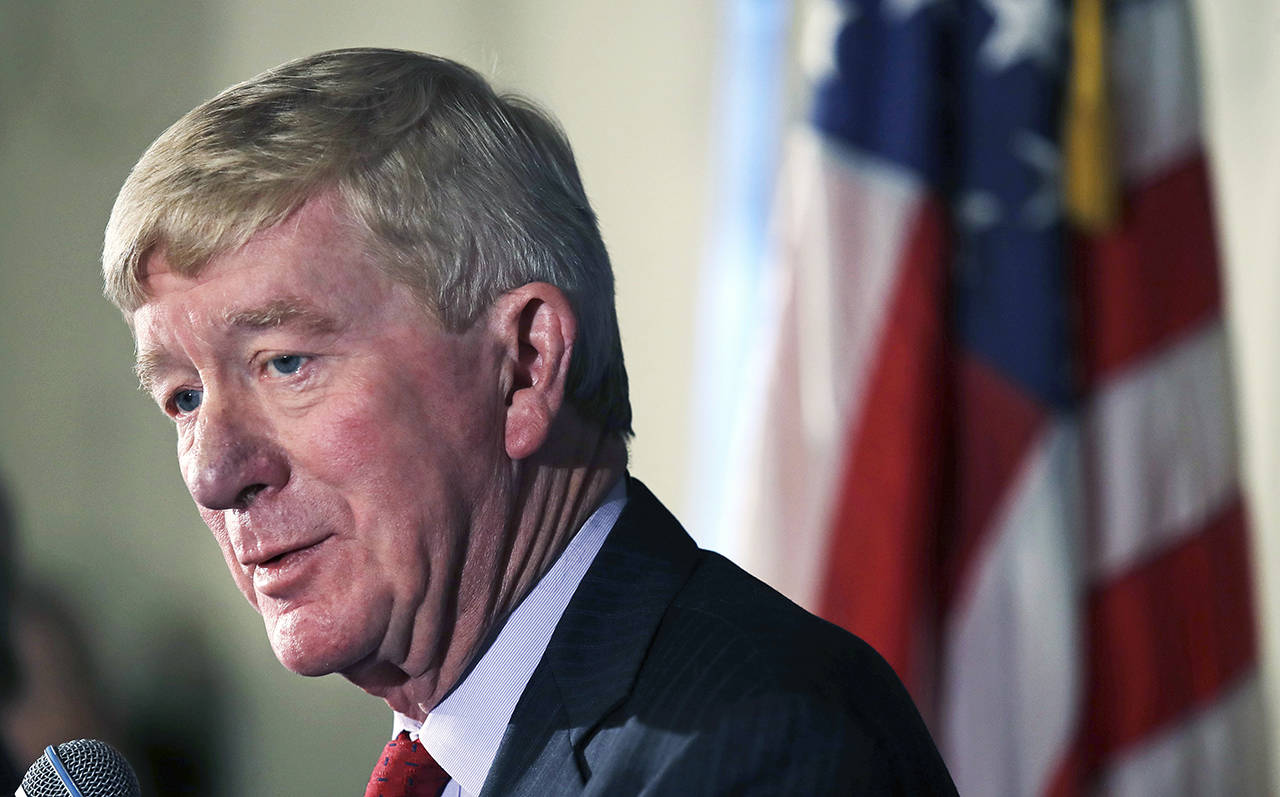 Former Massachusetts Gov. William Weld addresses a gathering during a New England Council ‘Politics & Eggs’ breakfast in Bedford, New Hampshire, on Friday. Weld announced he’s creating a presidential exploratory committee for a run in the 2020 election. (AP Photo/Charles Krupa)