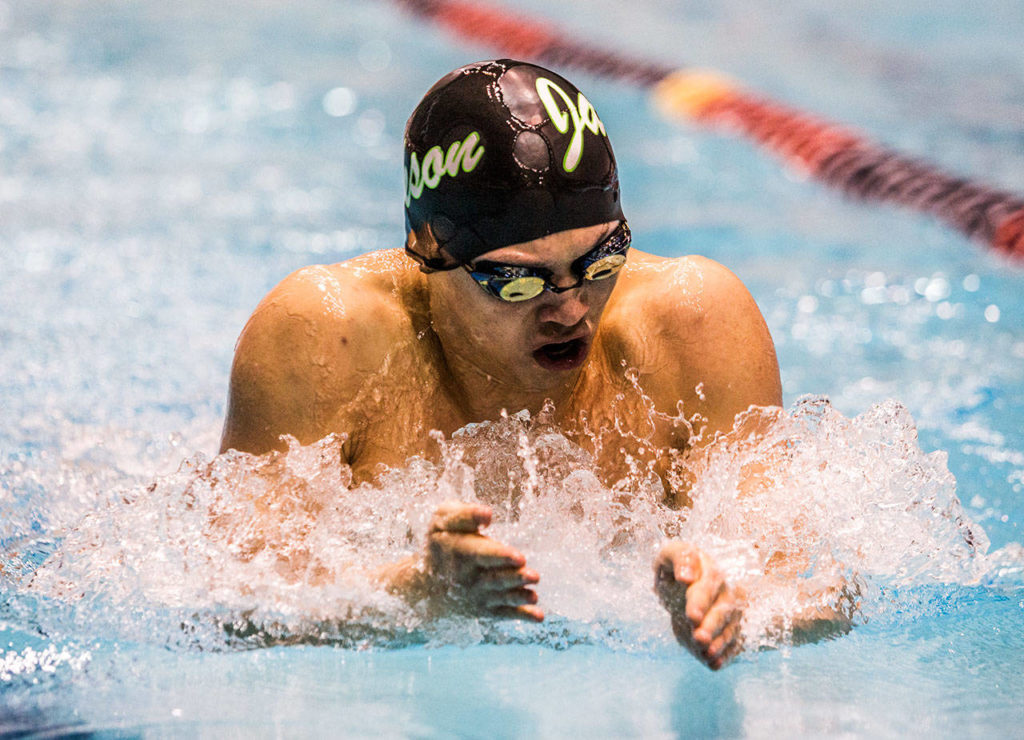 Jackson junior Justin Limberg competes in the 200 individual medley. He placed third in the 200 IM and second in the 100 breaststroke. (Olivia Vanni / The Herald)
