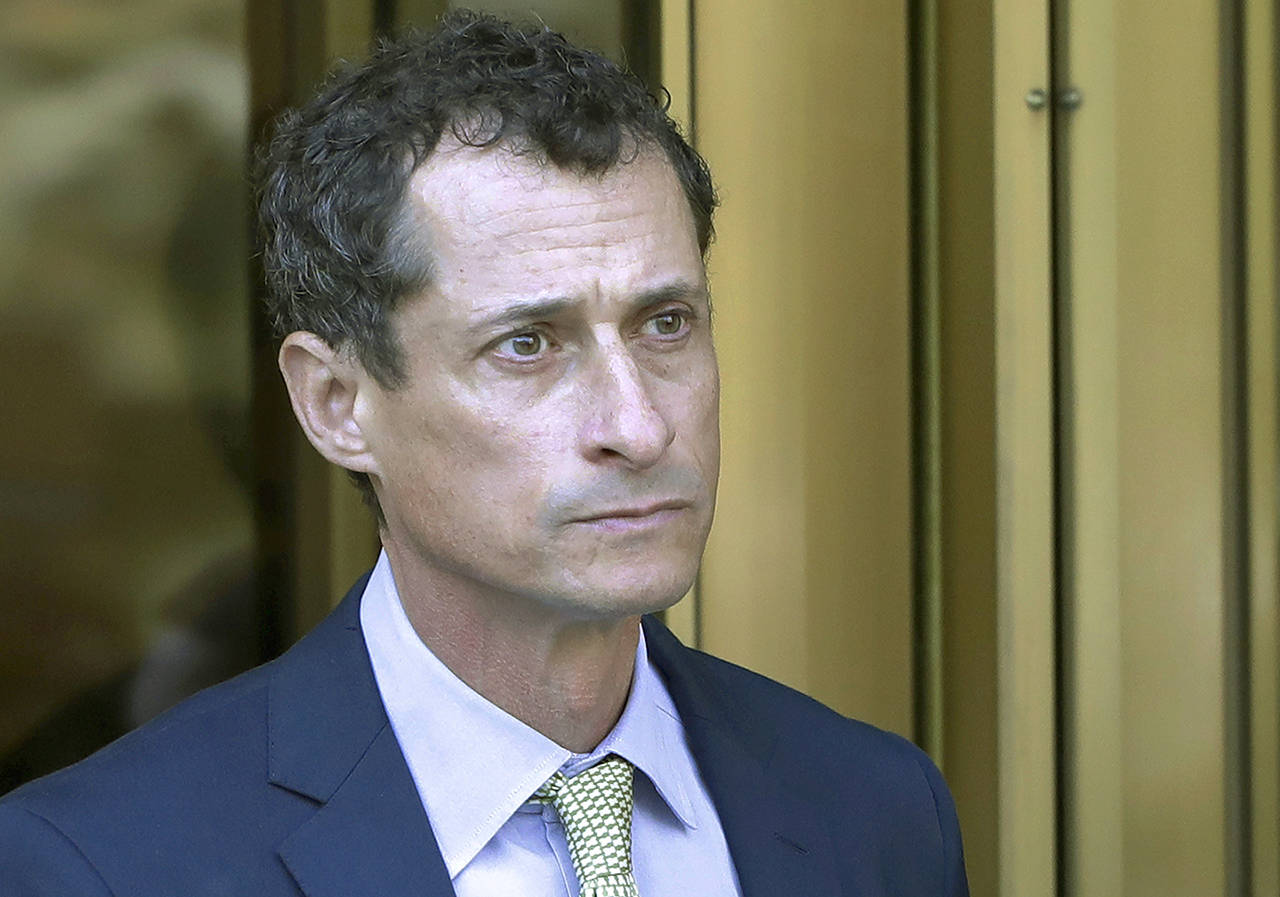 Former Congressman Anthony Weiner, seen here Sept. 25, 2017 leaving federal court following his sentencing in New York, has been released from federal prison in Massachusetts. The New York Democrat, a once-rising star who also ran for mayor, was convicted of having illicit online contact with a 15-year-old North Carolina girl in 2017. (AP Photo/Mark Lennihan, File)