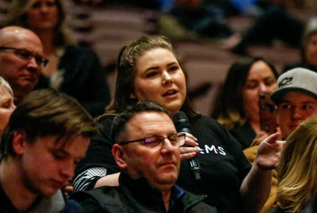 One student who called herself “an outspoken conservative,” said she believes a gun sticker on her car led to her tires being slashed at North Creek High School. (Dan Bates / The Herald)
