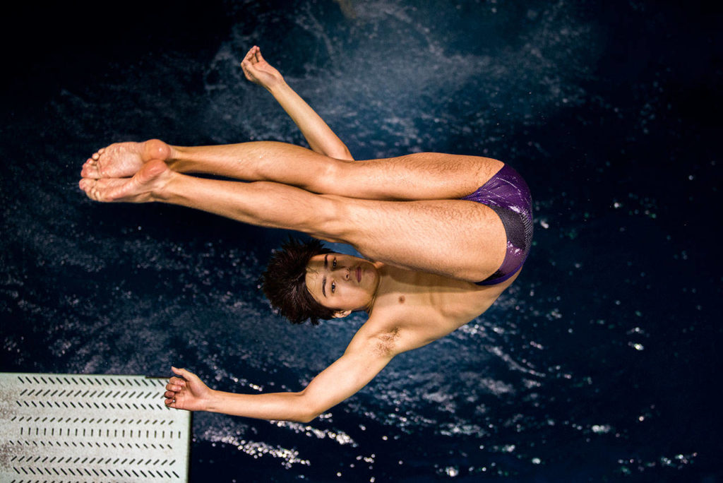 Issaquah’s Robert Gref warms up before the Mens 1 Meter Diving during the 4A Boys’ Swim/Dive Championships on Saturday, Feb. 16, 2019 in Federal Way, Wash. (Olivia Vanni / The Herald)
