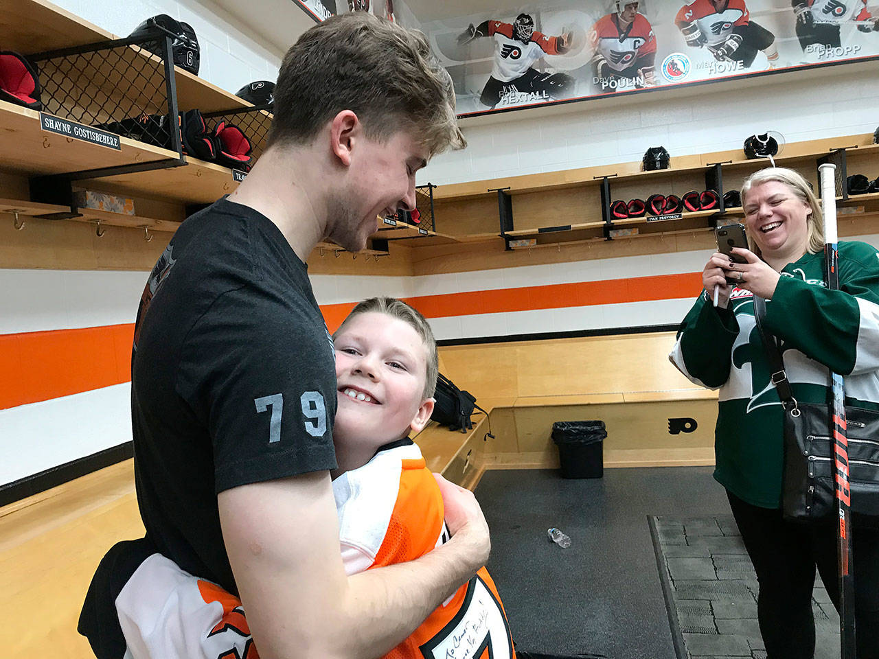 A general view of the Philadelphia Flyers locker room is seen