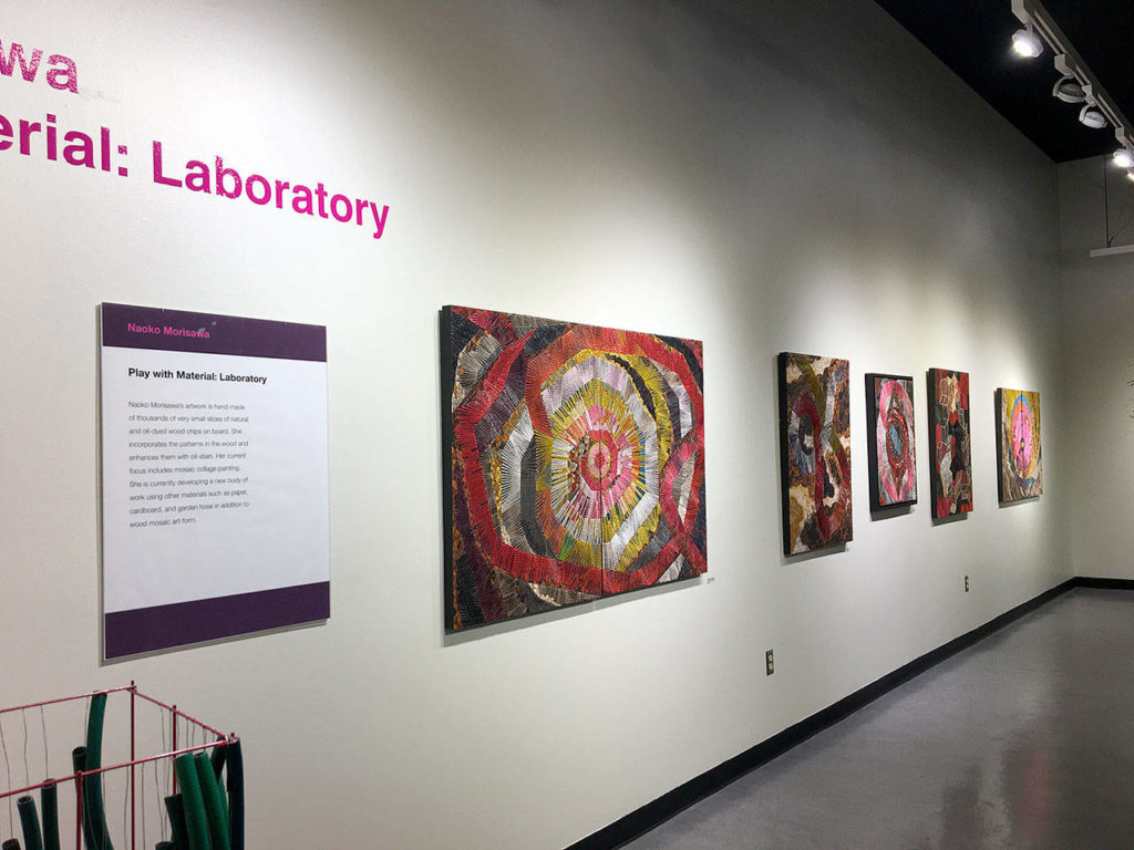“Play with Material: Laboratory” at Edmonds Community College’s art gallery features more than a dozen wood and paper mosaics and garden hose sculptures by Naoko Morisawa.
