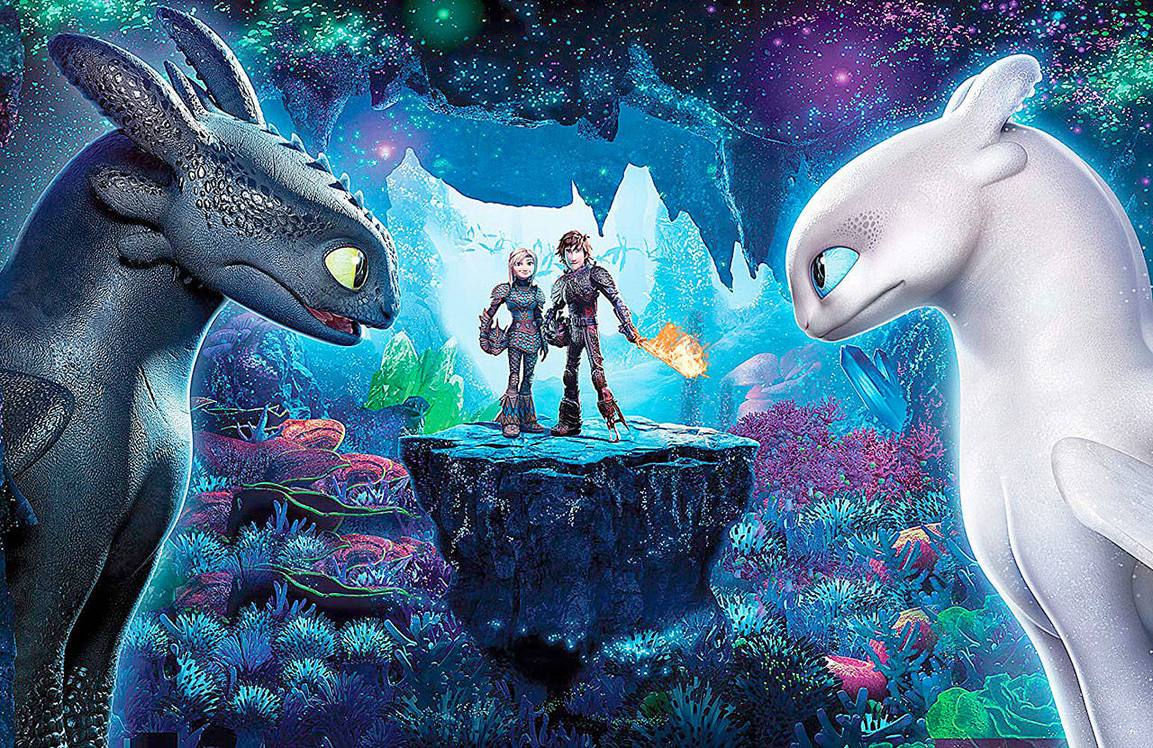 Toothless meets a sparkly white lady-friend dragon in “How to Train Your Dragon: Hidden World.” (Universal Pictures)