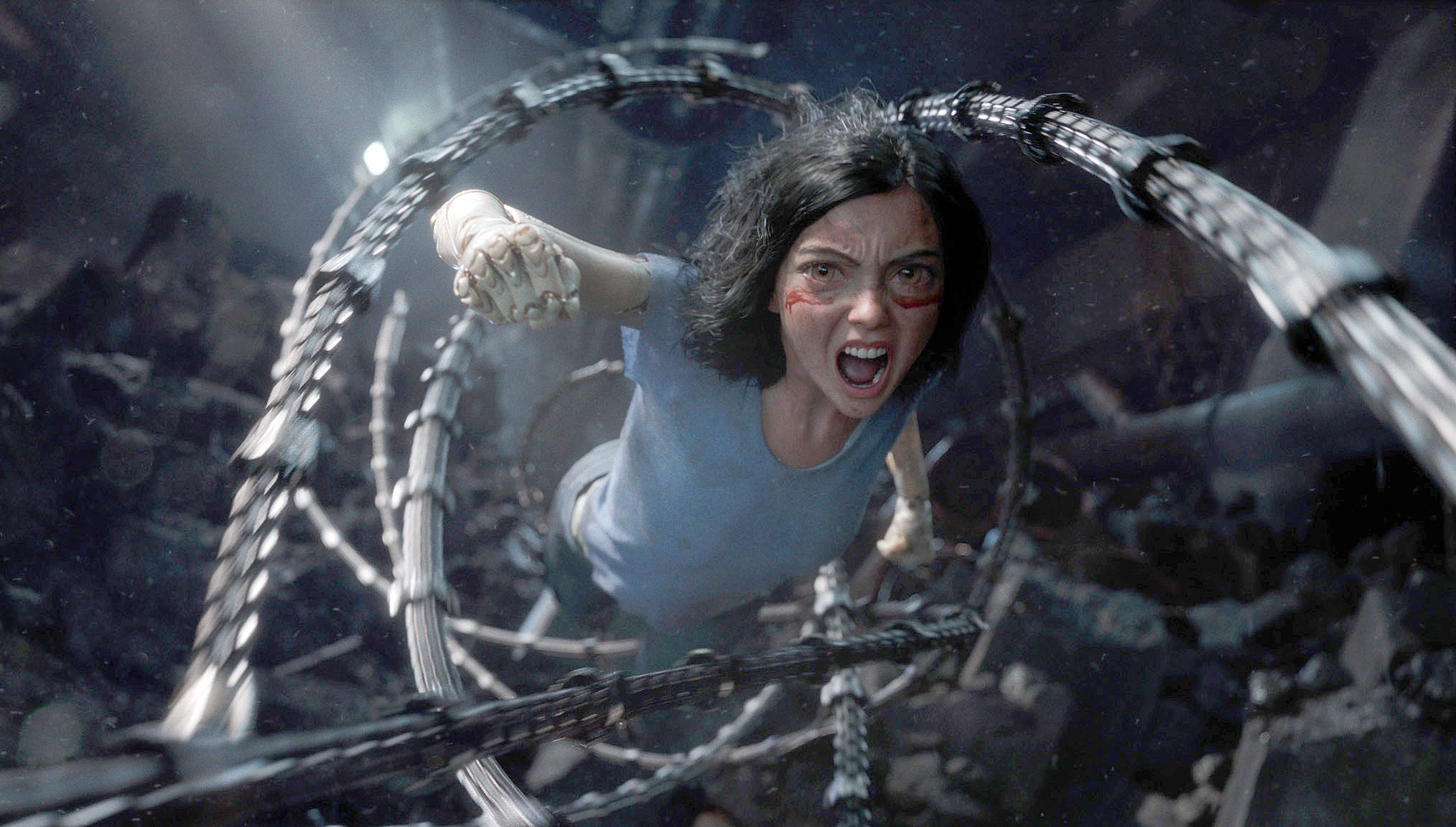 Twentieth Century Fox                                Alita, voiced by Rosa Salazar, is more than ready to rumble in this scene from “Alita: Battle Angel,” the No. 1 movie at the box office during its opening weekend, grosing about $28 million.