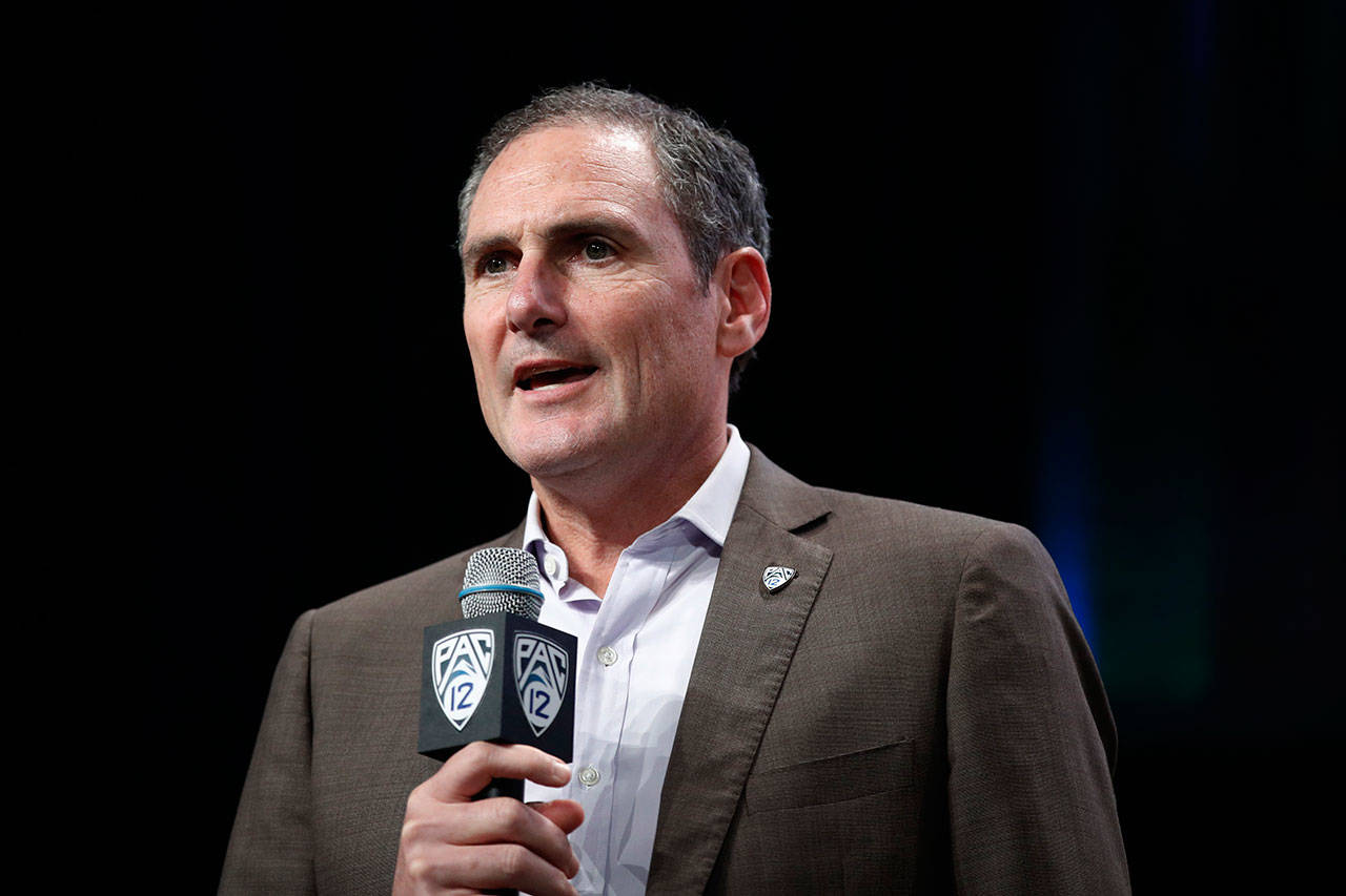 Commissioner Larry Scott speaks at the Pac-12 football Media Day on July 25, 2018, in Los Angeles. (AP Photo/Jae C. Hong)