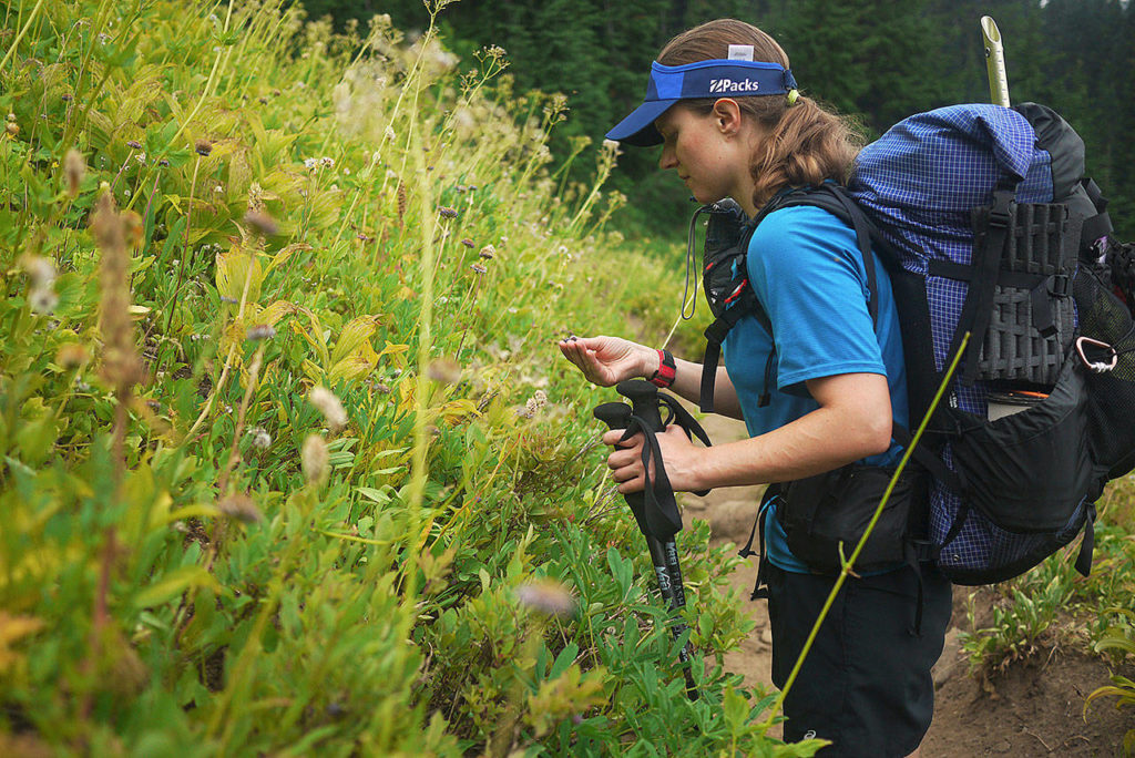 Imler pauses on the trail to eat a few berries. She appreciates that her personal passion and professional work at WTA mesh so well. (Photo by Todd Schneider)
