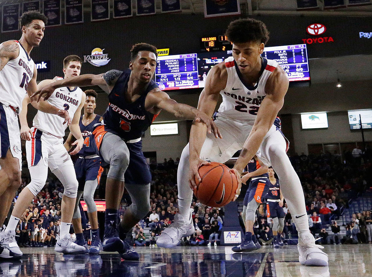 Gonzaga forward Jeremy Jones (right) and Pepperdine guard Jade’ Smith battle for the ball during the first half of a game on Feb. 21, 2019, in Spokane. (AP Photo/Young Kwak)