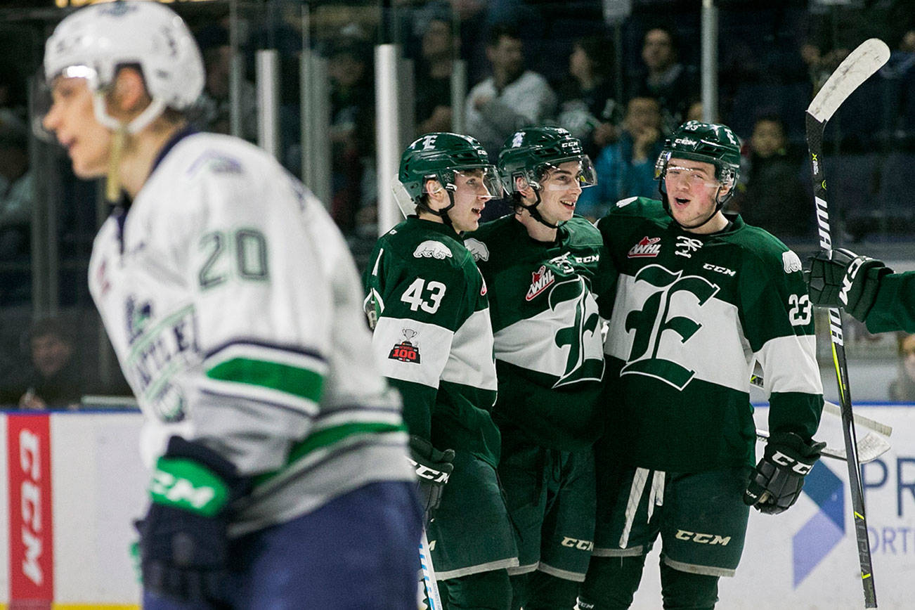 The Everett Silvertips celebrate the second goal of the first period against the Seattle Thunderbirds at the Showare Center Friday night in Kent February 16, 2018. (Kevin Clark / The Daily Herald)