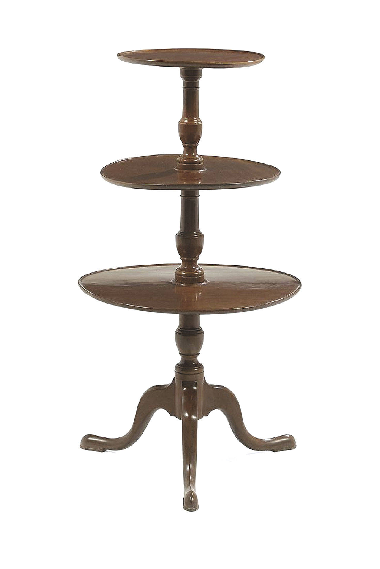 The auction catalog called this a Victorian mahogany three-tiered waiter in the Queen Anne taste made in the late 19th century, which is long way to say the table was made in a style that was in fashion 150 years earlier. (Cowles Syndicate Inc.)