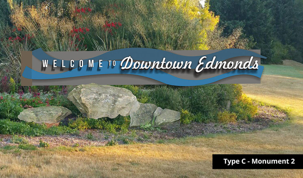 A design of the proposed downtown Edmonds gateway sign developed by the city through a process with Clayton Moss, a sign committee and input from the previous open house and online survey. (Clayton Moss)
