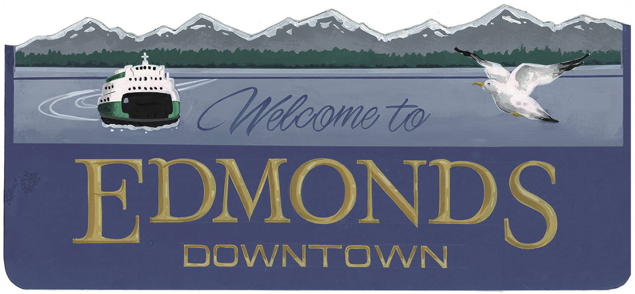 Sign painter Mack Benek created this design to replace the existing Edmonds welcome sign. It is one of four designs that will be reviewed at an open house on Wednesday. The other three designs were by Clayton Moss, whose firm was hired by the city to create a sign. (Mike McMurray)