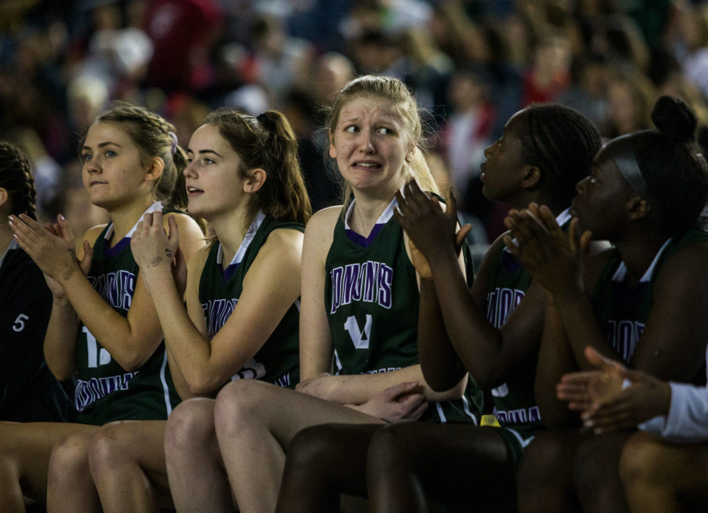 Edmonds-Woodway’s Lilly Frunk looks worriedly at the score board during the game against Bethel at the 3A Girls Hardwood Classic on Wednesday, Feb. 27, 2019 in Tacoma, Wash. (Olivia Vanni / The Herald)
