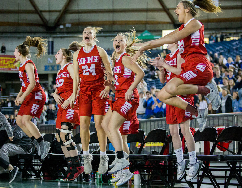 The Snohomish bench reacts to a final second winning shot during the game against Seattle Prep at the 3A Girls Hardwood Classic on Wednesday, Feb. 27, 2019 in Tacoma, Wash. (Olivia Vanni / The Herald)
