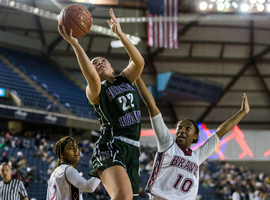 Edmonds-Woodway’s Maddie McMahon attempts a layup during the game against Bethel at the 3A Girls Hardwood Classic on Wednesday, Feb. 27, 2019 in Tacoma, Wash. (Olivia Vanni / The Herald)
