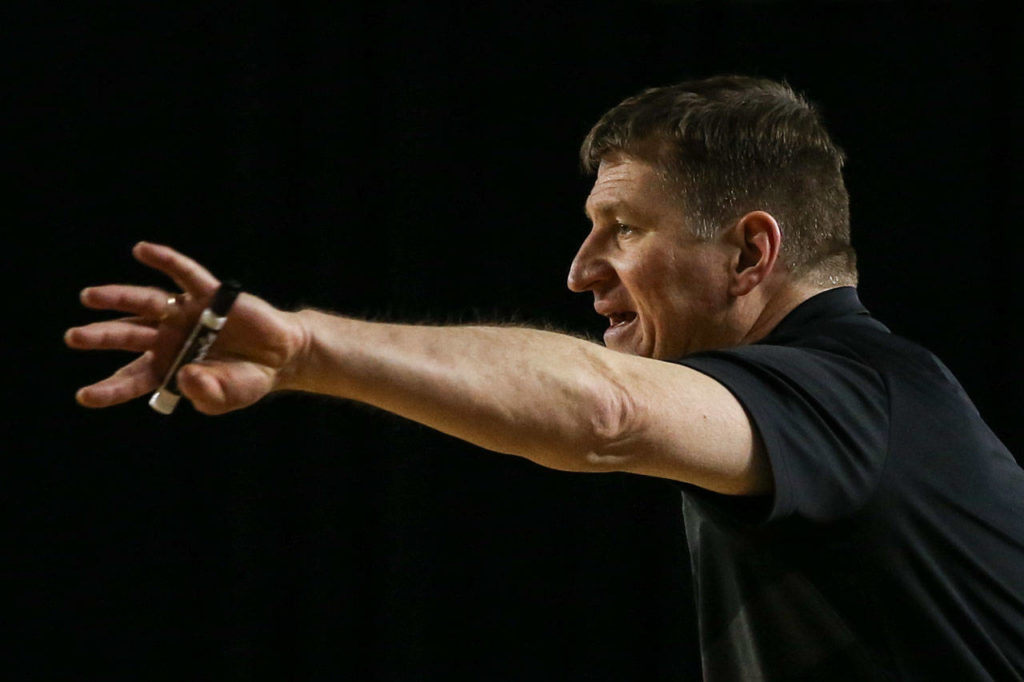 Jackson’s head coach Steve Johnson directs Wednesday morning at the Tacoma Dome on February 27, 2019. The Timberwolves lost 56-50. (Kevin Clark / The Herald)
