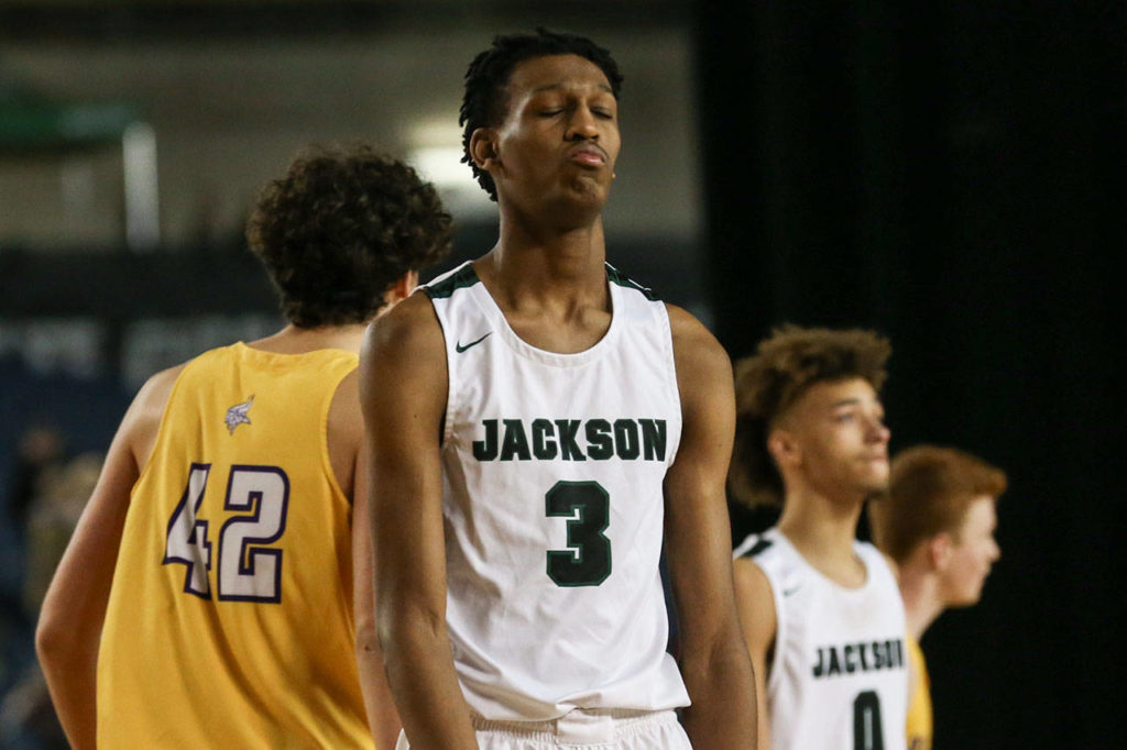 Jackson’s Jaylen Searles reacts to missed shot in the closing seconds of the game against Puyallup Wednesday morning at the Tacoma Dome on February 27, 2019. The Timberwolves lost 56-50. (Kevin Clark / The Herald)
