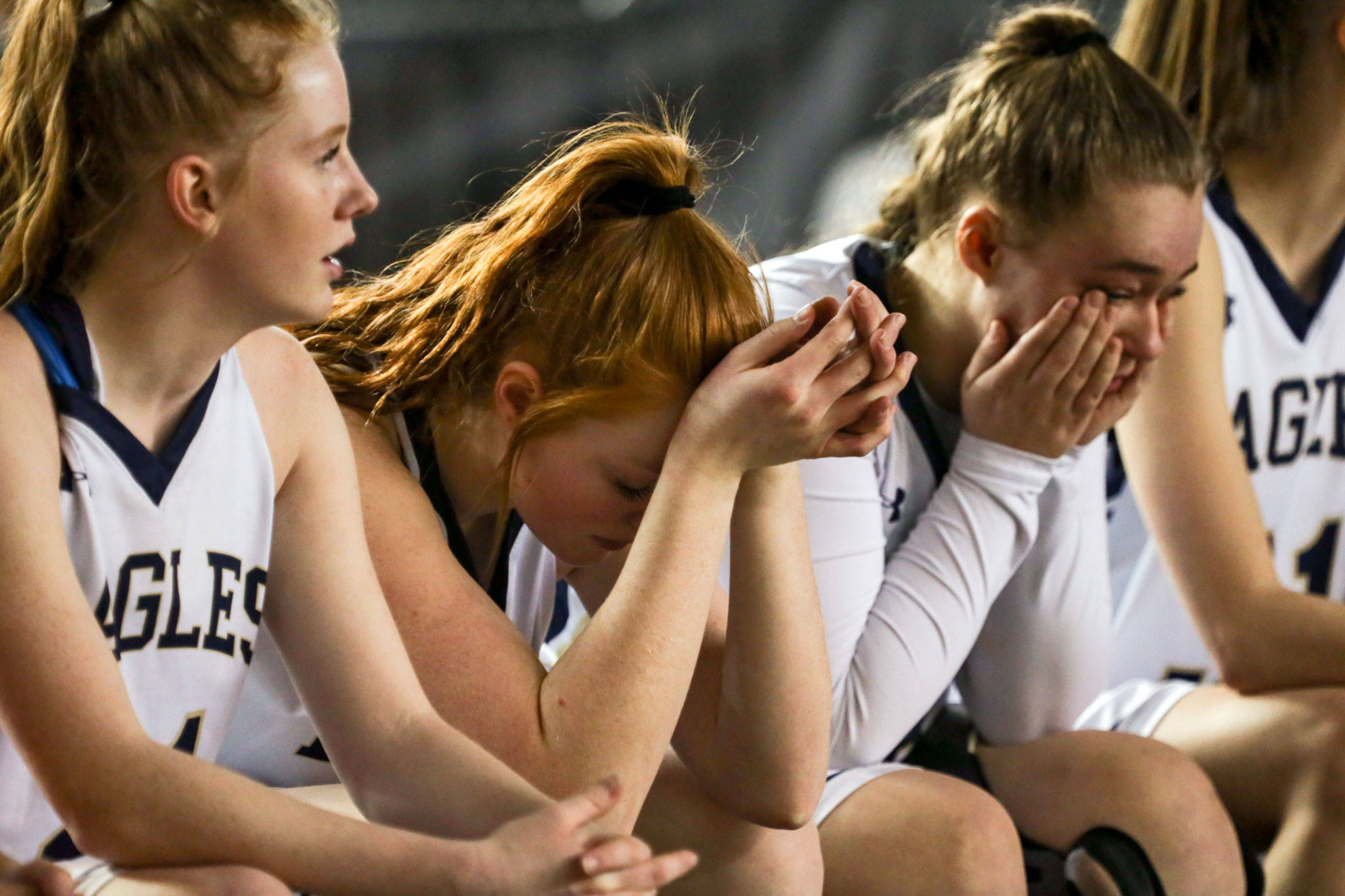 Arlington reacts to the closing seconds of the game against West Seattle Wednesday afternoon at the Tacoma Dome on February 27, 2019. The Eagles lost 50-45. (Kevin Clark / The Herald)