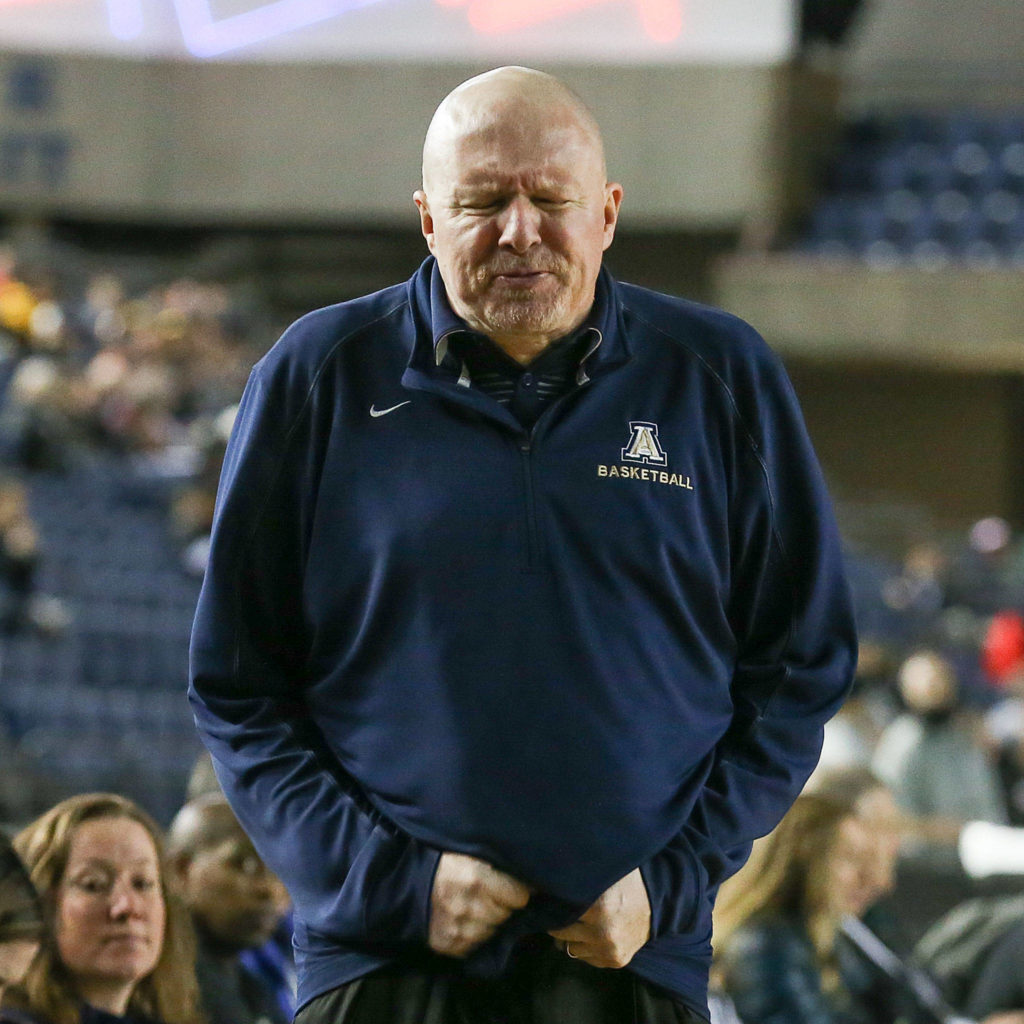 Joe Marsh, Arlington head coach reacts to a intentional foul call in the final seconds against West Seattle Wednesday afternoon at the Tacoma Dome on February 27, 2019. The Eagles lost 50-45. (Kevin Clark / The Herald)
