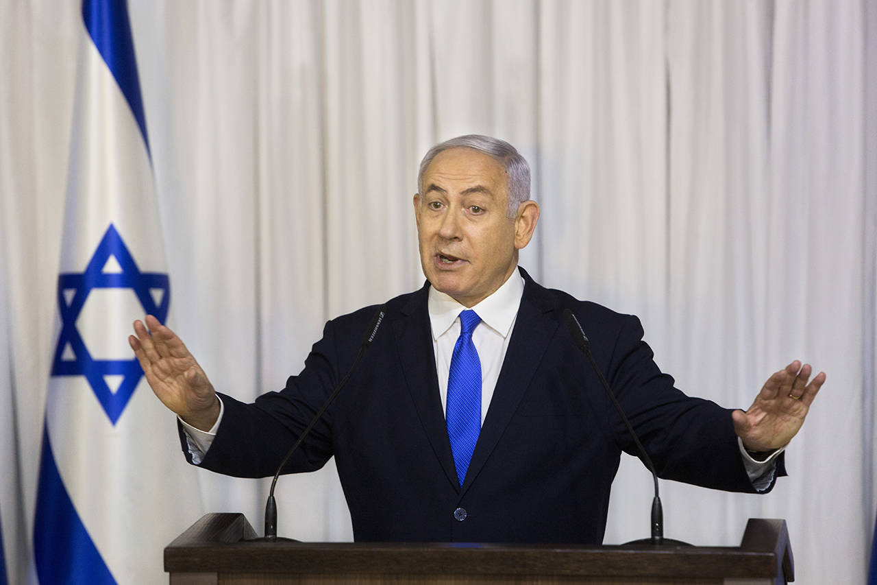 In this Feb. 21 photo, Israeli Prime Minister Benjamin Netanyahu delivers a statement in Ramat Gan, Israel. (AP Photo/Sebastian Scheiner, File)