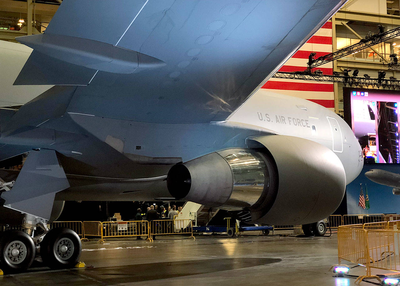 A KC-46 aerial-refueling tanker on display Jan. 24 in the Boeing factory in Everett during an event to celebrate Boeing’s first deliveries of the airplane model to the U.S. Air Force. (Janice Podsada / The Herald)