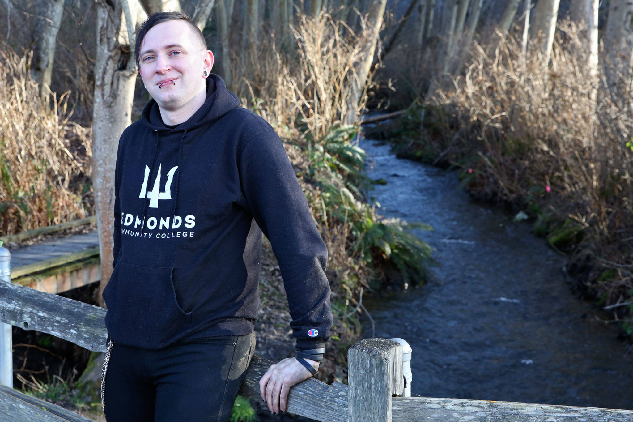Lazarus Hart was named a state scholar representing Edmonds Community College for studies on campus and work in surveying the Japanese Gulch in Mukilteo. (Kevin Clark / The Herald)