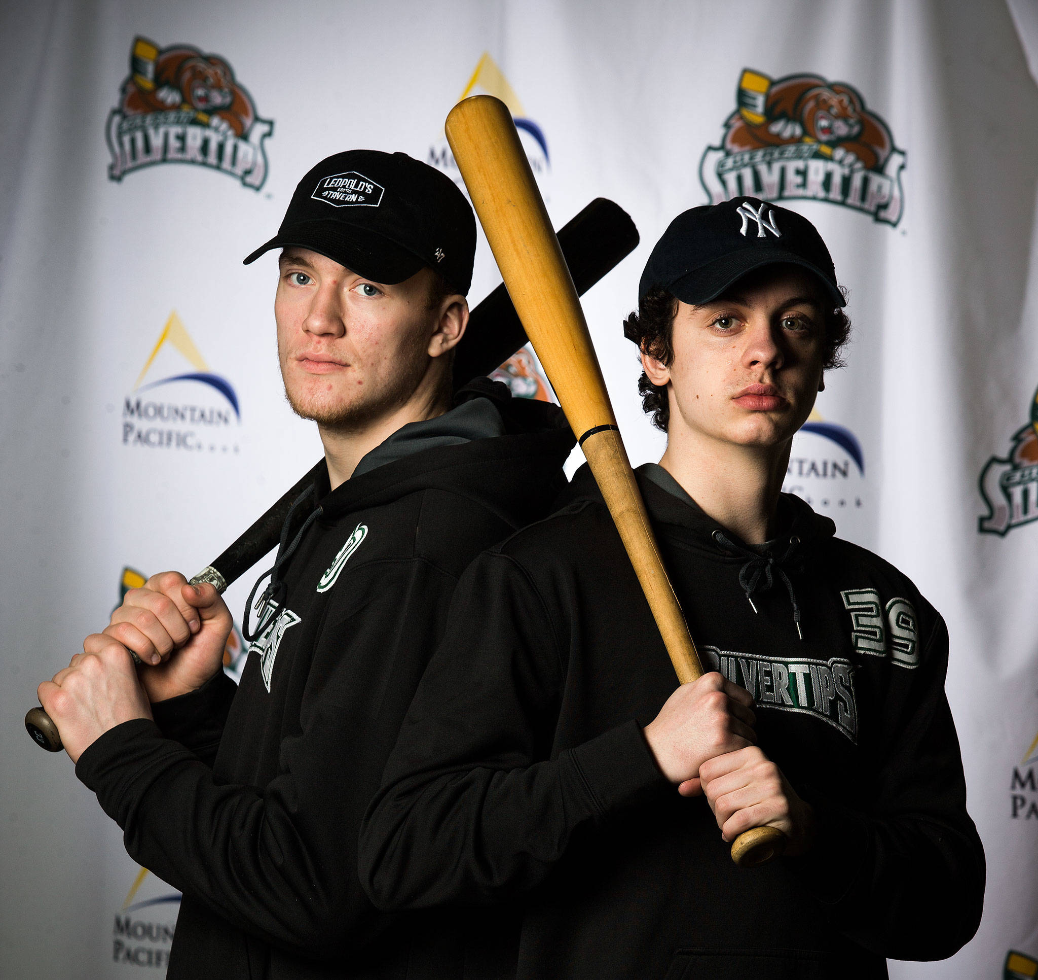 Silvertips players Robbie Holmes, left, and Gage Goncalves played a high level of baseball before committing to hockey full-time. Shot at Angels of the Winds Arena on Thursday, March 7, 2019 in Everett, Wash. (Andy Bronson / The Herald)
