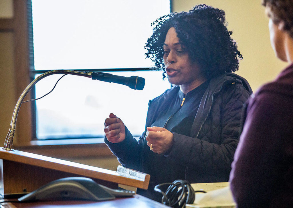 Pauline Williams, Jesse Williams’ mother, speaks during the sentencing for the 2005 shooting of her son. (Olivia Vanni / The Herald)
