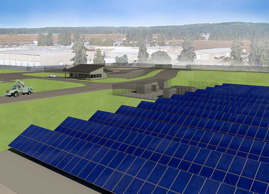 An artist’s rendering shows what a 2-acre field of solar panels near the Arlington airport may look like. (Hewitt Architects)
