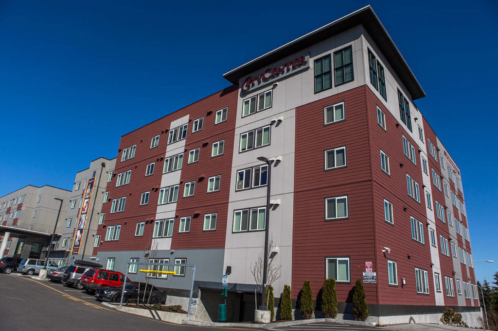 The new City Center apartments on Friday, March 1, 2019 in Lynnwood, Wash. (Olivia Vanni / The Herald)
