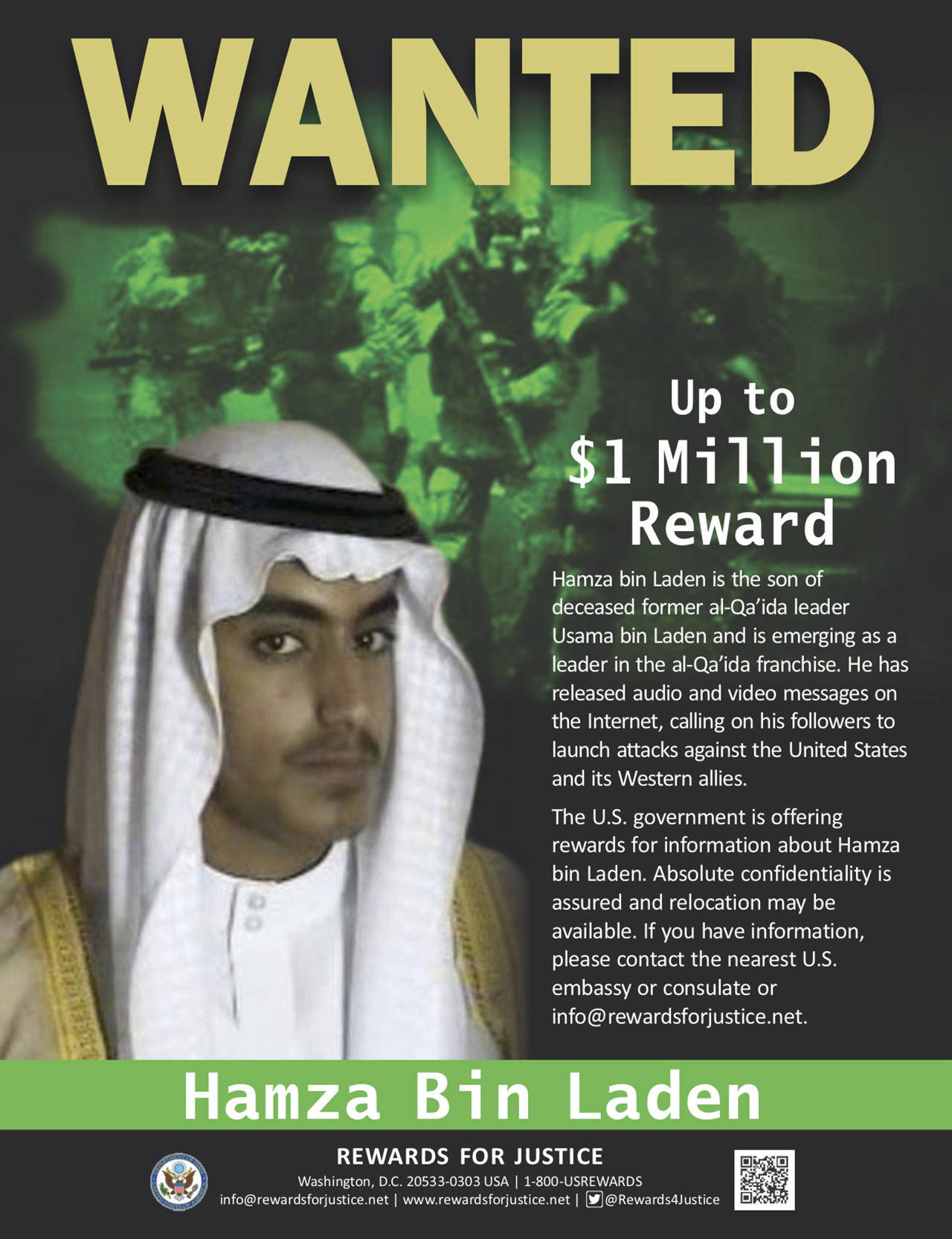 This wanted poster released by the U.S. Department of State Rewards for Justice program shows Hamza bin Laden. (Rewards for Justice via AP)