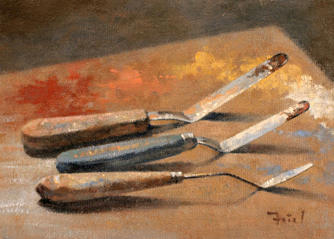 “Palette Knives” by Michael Friel is among the 150 paintings by 53 artists displayed this month in the annual Small Work Show at Gallery North in Edmonds.