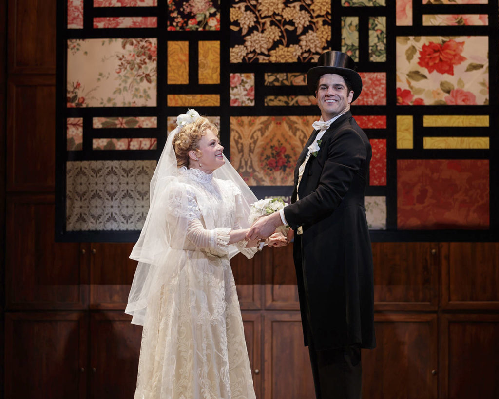 Kendra Kassebaum (Agnes) and Peter Saide (Michael) star in Village Theatre’s “I Do! I Do!” The musical about marriage is showing in Everett through March 24. (Mark Kitaoka)
