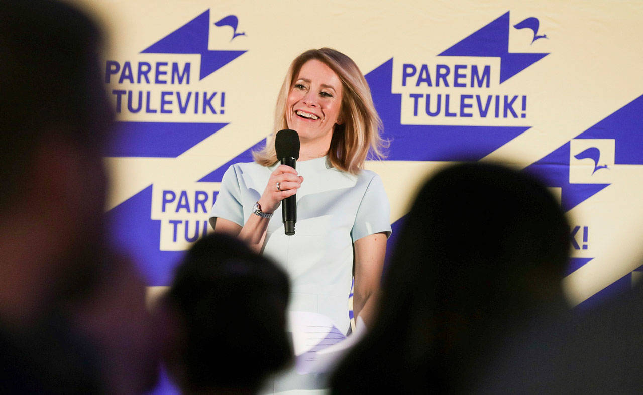 Chairwoman of the Reform Party Kaja Kallas speaks at her party headquarters Sunday after a parliamentary elections in Tallinn, Estonia. Estonians are voting in a parliamentary election Sunday in the small Baltic nation in a ballot where Prime Minister Juri Ratas and his Center Party are pitted against the center-right opposition Reform Party and where populists are seen making inroads. (AP Photo/Raul Mee)