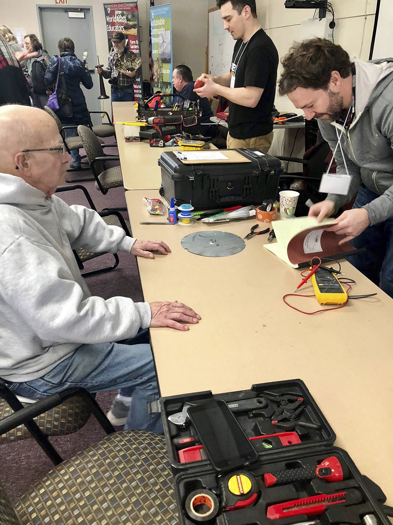 Volunteers donate time at the Repair Cafe, a free monthly event where people bring things to be fixed. It is hosted by WSU Snohomish County Extension in McCollum Park.