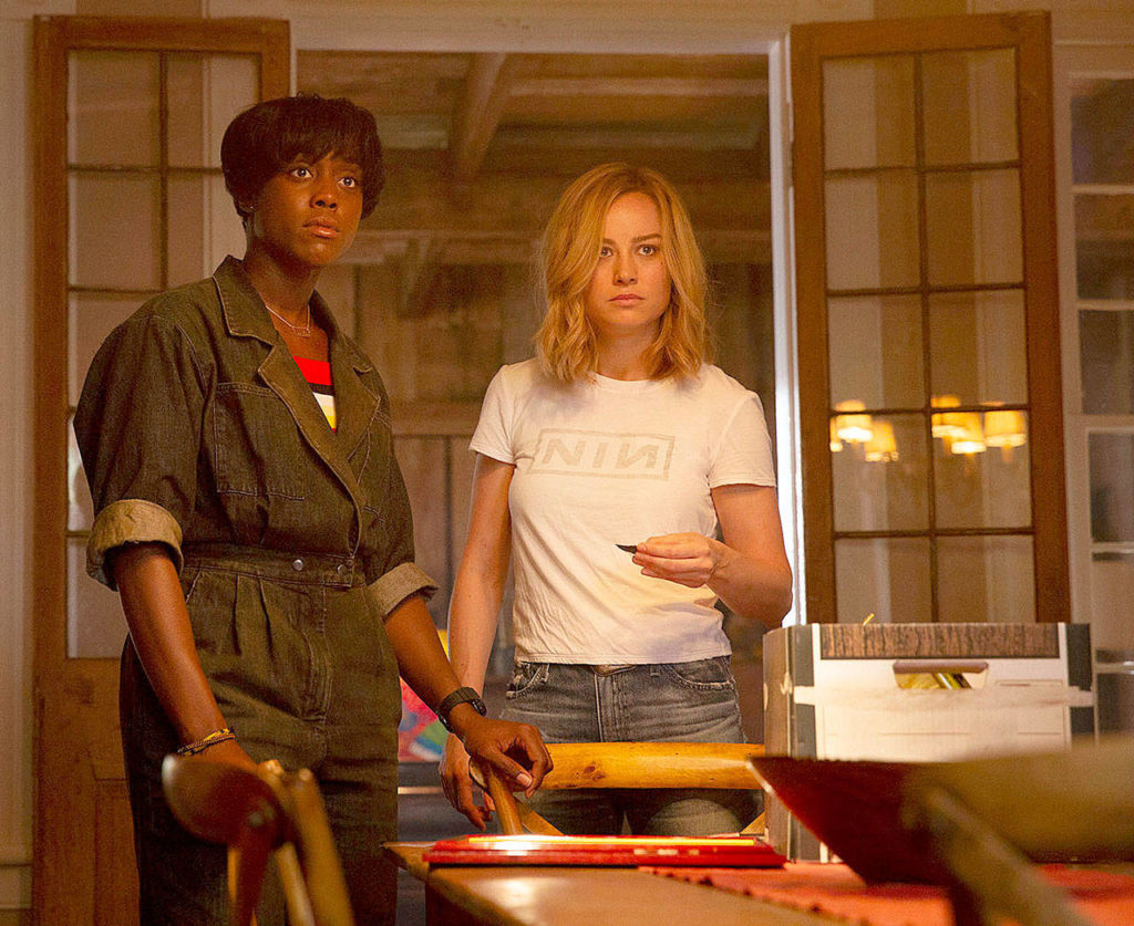 Lashana Lynch (left) and Brie Larson in “Captain Marvel.” (Marvel Studios)
