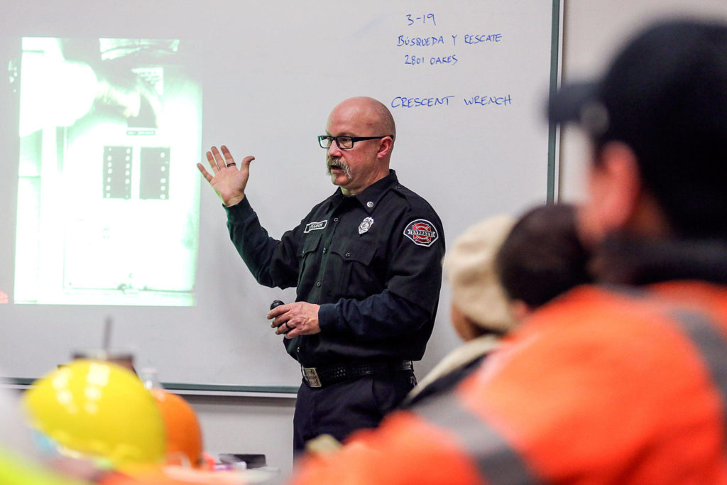 Bronson Pearson leads the C.E.R.T. class Thursday night at Everett Fire Department Station 4 on March 14, 2019. (Kevin Clark / The Herald)
