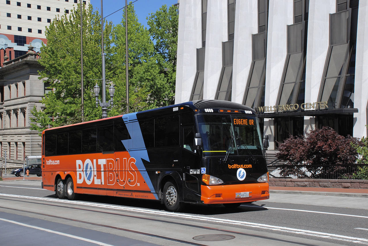 A BoltBus is shown in downtown Portland, Oregon in 2014. (Steve Morgan)