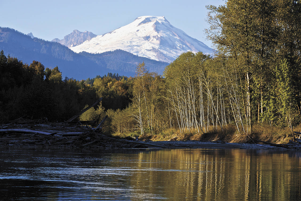 Tim Palmer camped overnight on a gravel riverbank to capture this shot of Mount Baker looming majestically over the river. This image was used for the Skagit forever postage stamp. (Tim Palmer)