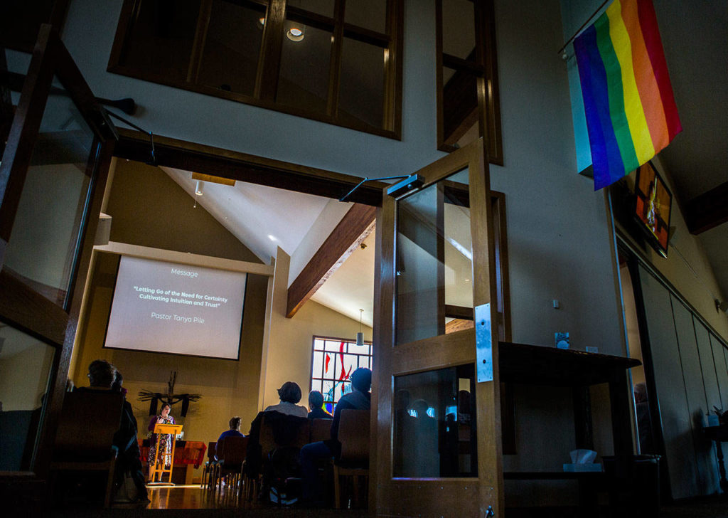 Pastor Tonya Pile speaks to the congregation during Sunday service at Marysville United Methodist Church on March 10. (Olivia Vanni / The Herald)
