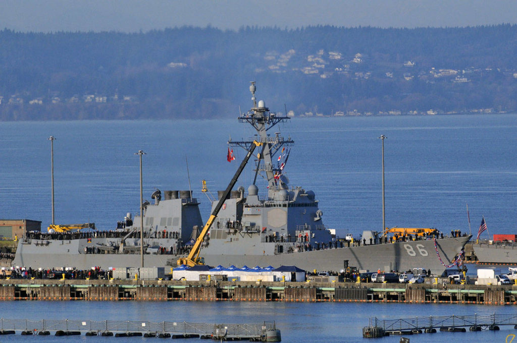 The USS Shoup returns to Naval Station Everett on Dec. 10, 2017. (Sue Misao / Herald file)
