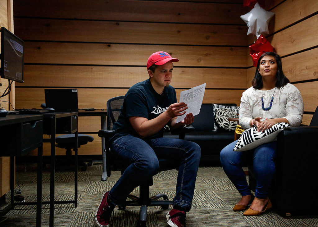 Bradley Althoff, co-president of EvCC’s First Nations Club, with Emma Ka’aha’aina in the new gathering space for Native American, Indigenous and Pacific Islander students on campus. (Dan Bates / The Herald)
