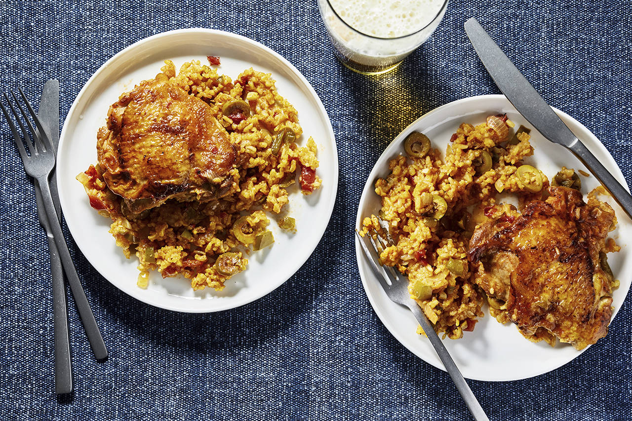 Cuban-style chicken and rice — aka arroz con pollo. (Photo by Stacy Zarin Goldberg for The Washington Post)
