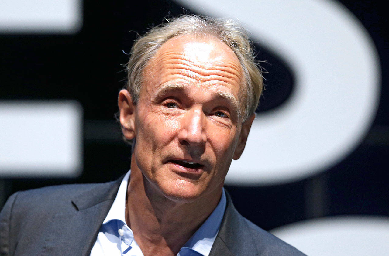 English computer scientist Tim Berners-Lee, best known as the inventor of the World Wide Web, attends the Cannes Lions 2015, International Advertising Festival in Cannes, southern France. Berners-Lee implemented the first successful communication between a Hypertext Transfer Protocol (HTTP) client and server via the Internet.(AP Photo/Lionel Cironneau, File)