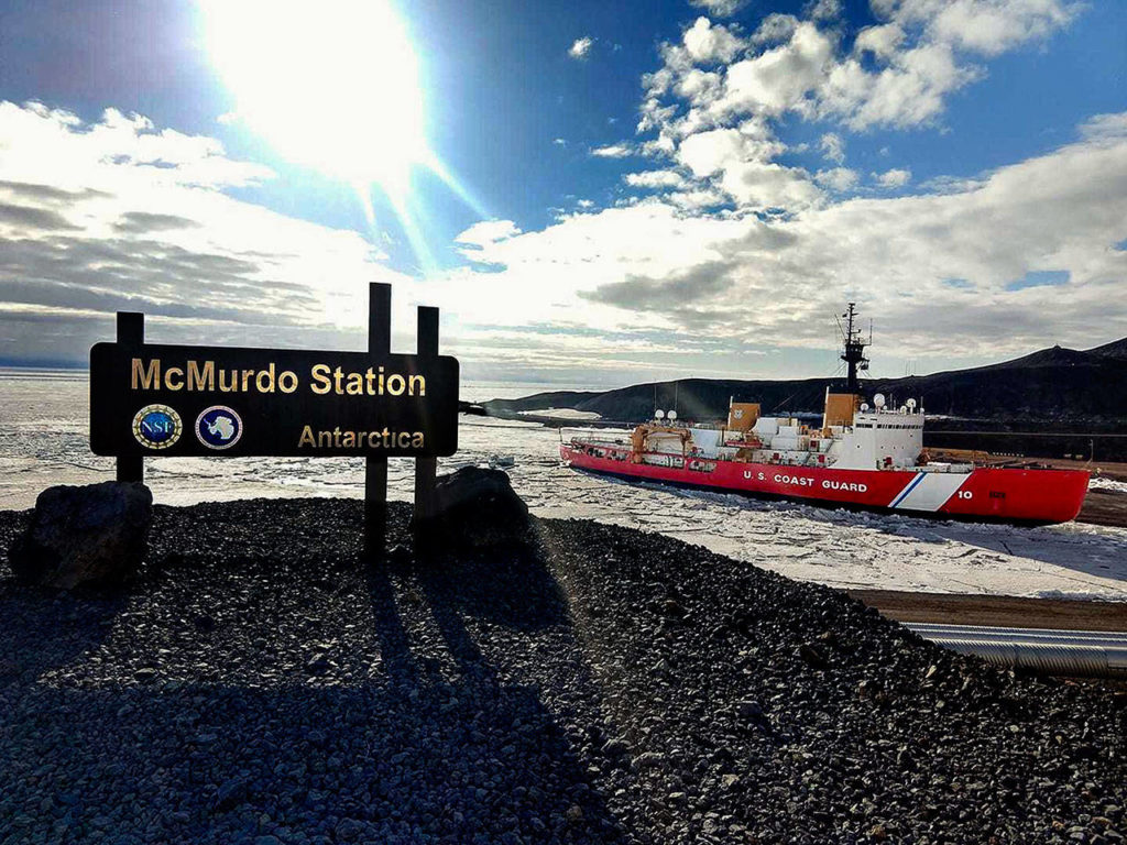 The U.S. Coast Guard’s Polar Star, a heavy icebreaker, at McMurdo Station in Antarctica during its recent 105-day deployment. (Photo Courtesy U.S. Coast Guard)
