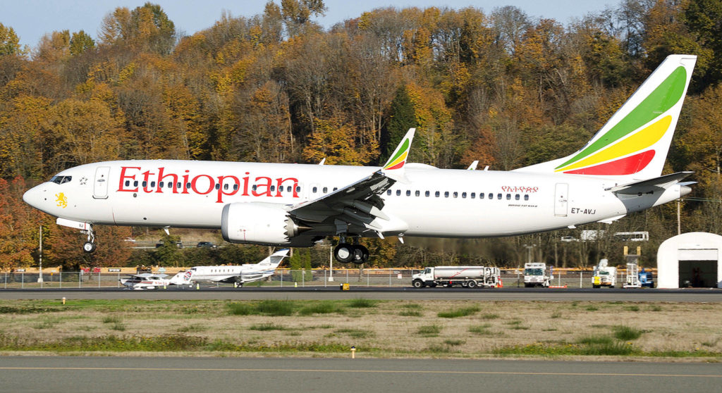 This Ethiopian Airlines Boeing 737 MAX 8, seen here at Boeing Field in Seattle on Nov. 12, crashed Sunday near Addis Ababa, Ethiopia. (AP Photo/Preston Fiedler)
