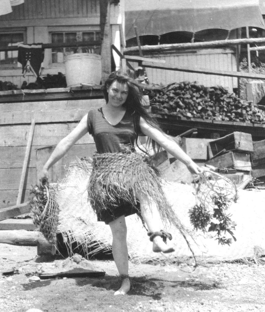 Garda Fogg frolics in a grass skirt around 1915. Courtesy Forrest Johanson Collection
